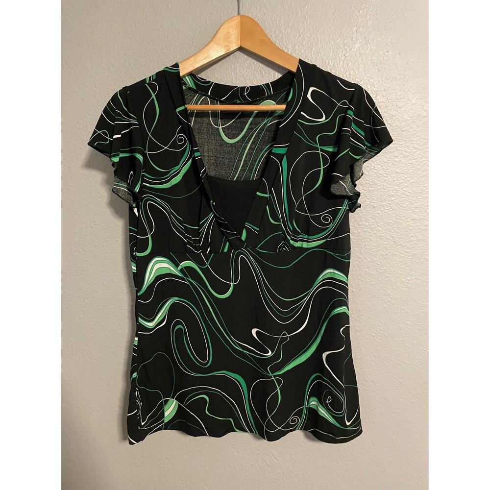 JKLA California Top Womens Medium Black Geometric Flutter Sleeve Babydoll Y2K